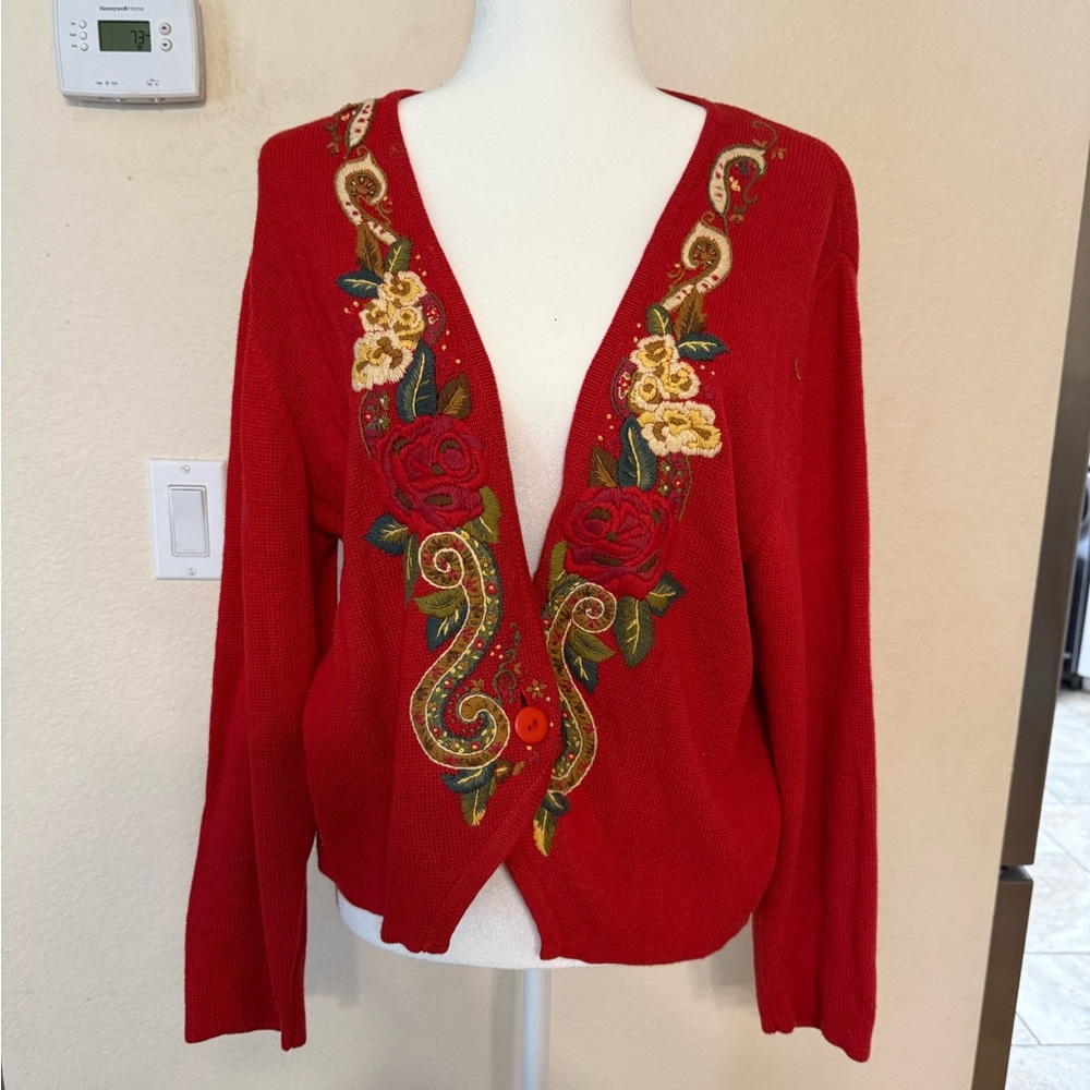 VTG Herman Geist Embroidered Cardigan Floral Beaded Sweater Red Large Boho Rose